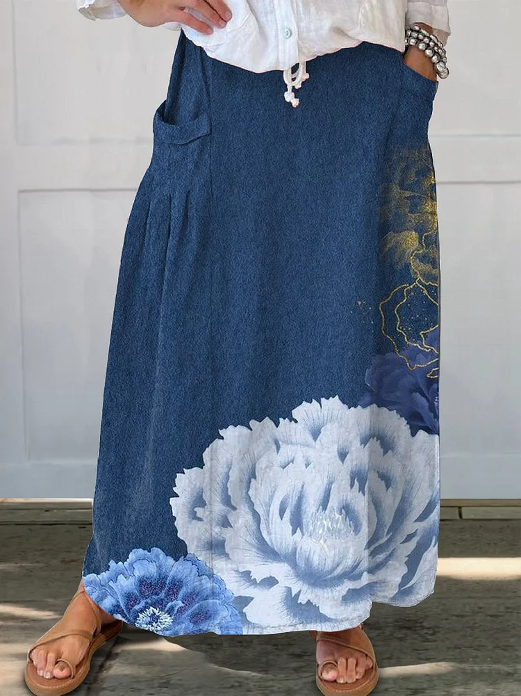 Women's Peony Flowers Casual Print Linen Pocket Skirt