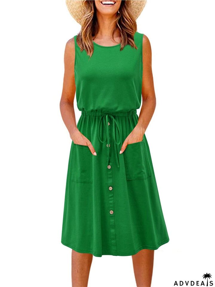 Women's Retro Crew Neck Lace Up Trendy Dress for Summer