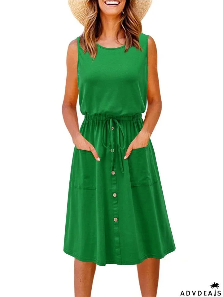 Women's Retro Crew Neck Lace Up Trendy Dress for Summer