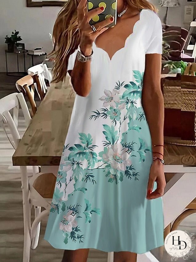 Casual Dress Summer Dress Print Dress Floral Print Scalloped Neck Mini Dress Active Fashion Outdoor Daily Short Sleeve Regular Fit White Light Green Green Summer Spring S M L XL XXL for Women