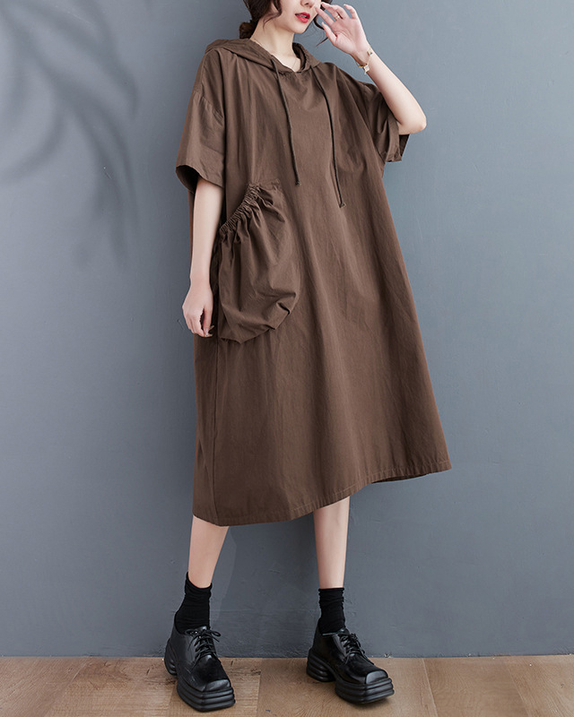 Short Sleeve Ruched Pockets Loose Hooded Dress