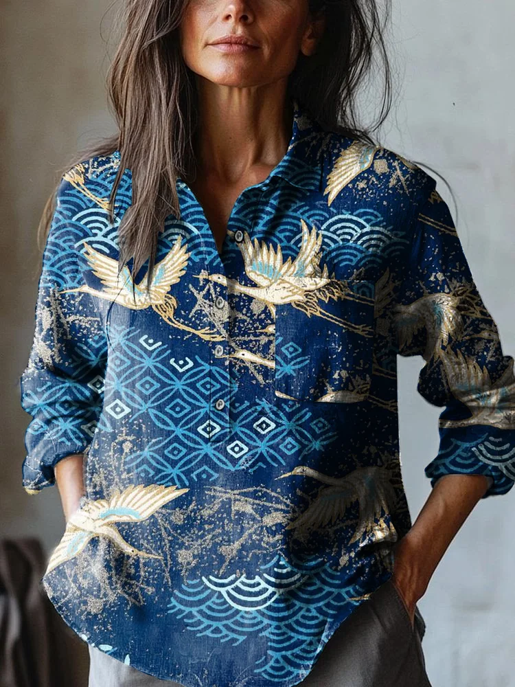 Women's Japanese Classic  Bule Flying Crane Art Print Casual Cotton And Linen Shirt
