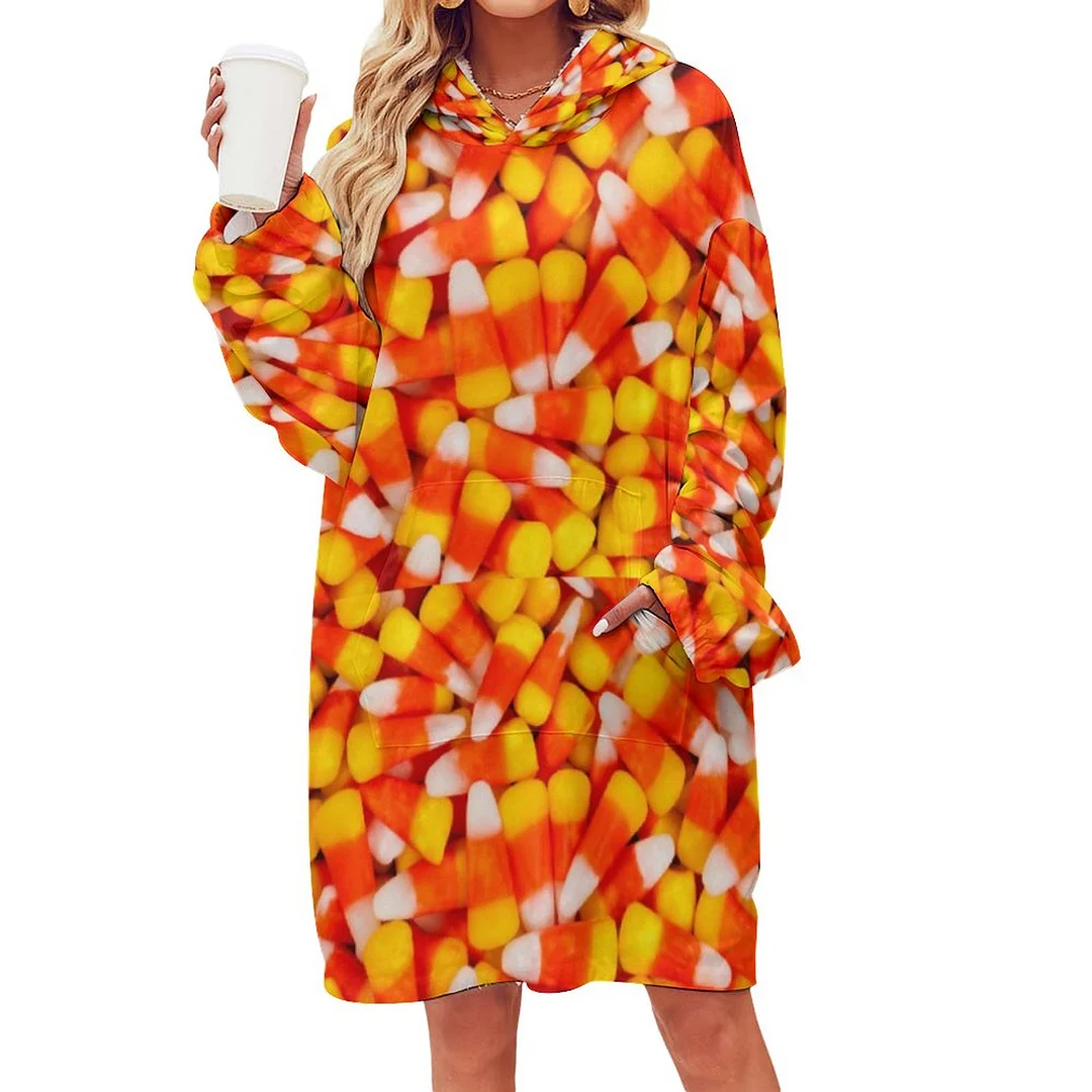 Candy Corn Oversized Sherpa Fleece Sweatshirt Blanket Hoodie Warm Cozy Wearable Tops with Pocket