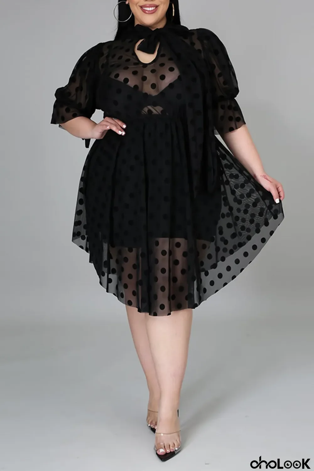 Black Sexy Dot Split Joint Half A Turtleneck Cake Skirt Plus Size Dresses