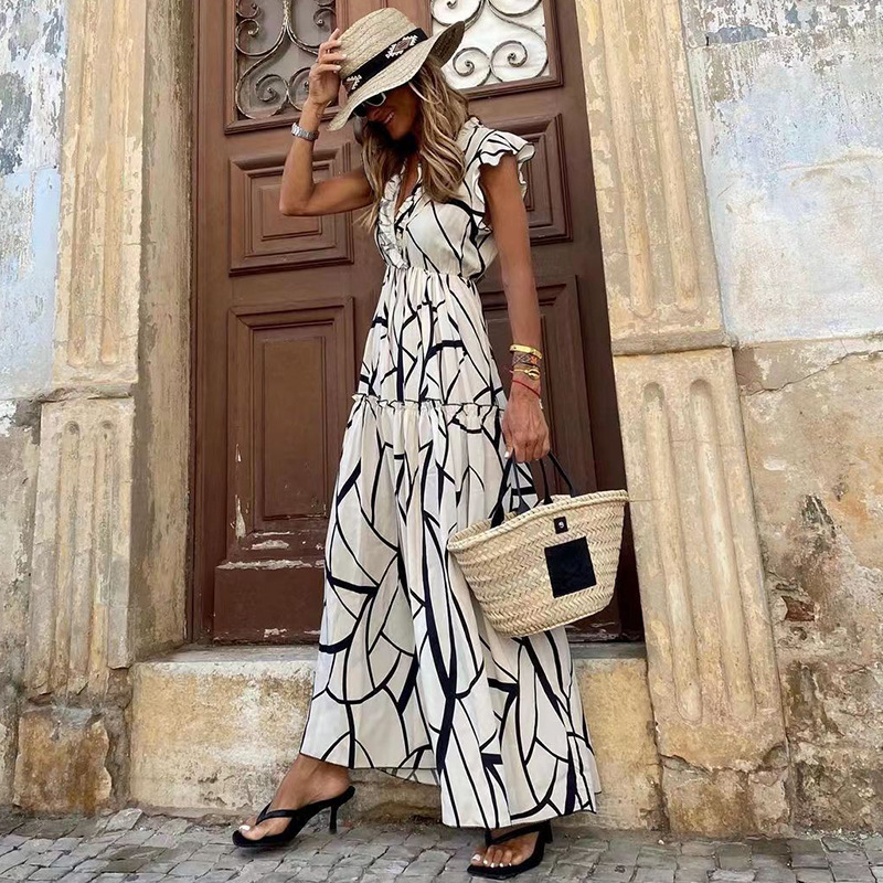 Rotimia Geometric Print V-neck  Maxi Dress