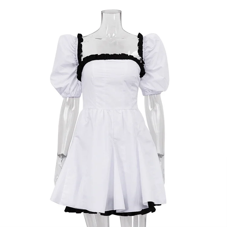 Churchf Churchf New Black And White Color Square Collar Bubble Sleeve Sexy Backless Dress High Sense Of Women's Clothing