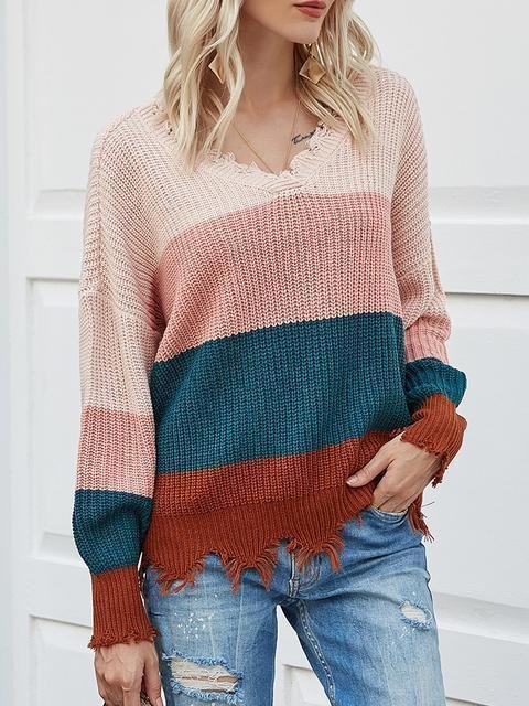 Striped V Neck Long Sleeve Pullover Sweater-elleschic