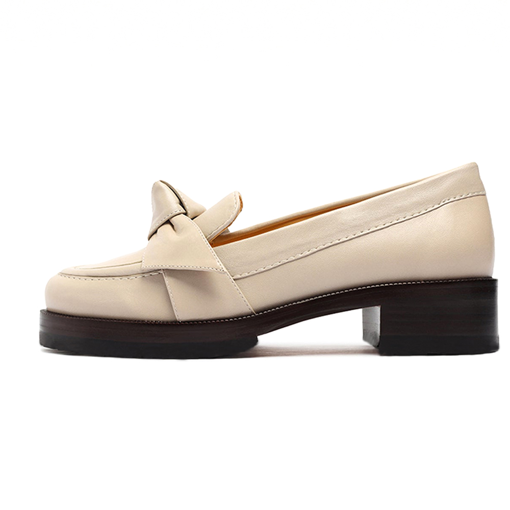 Beige Round Toe Casual Chunky Heel Women's Loafers with Knots Nicepairs