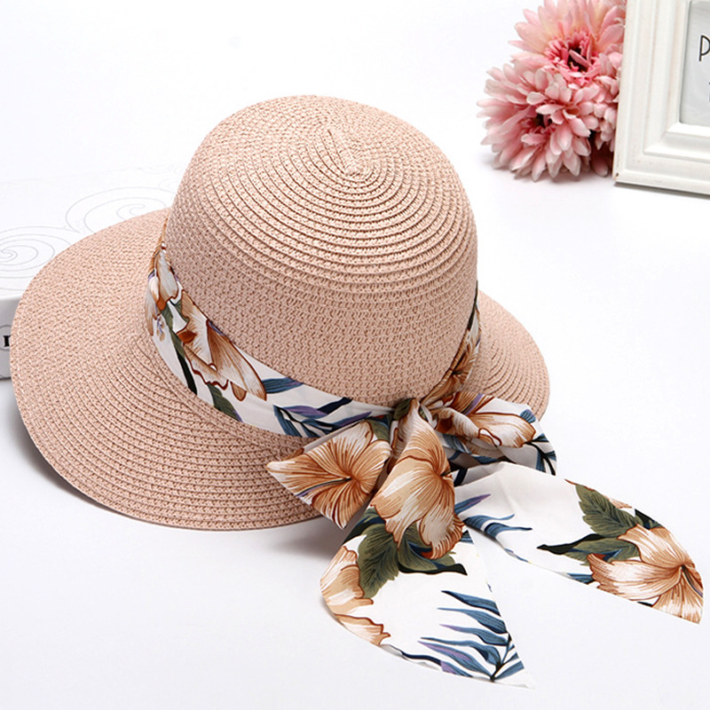 Vacation Pink Floral Print Bow Wide Eaves Straw Hat