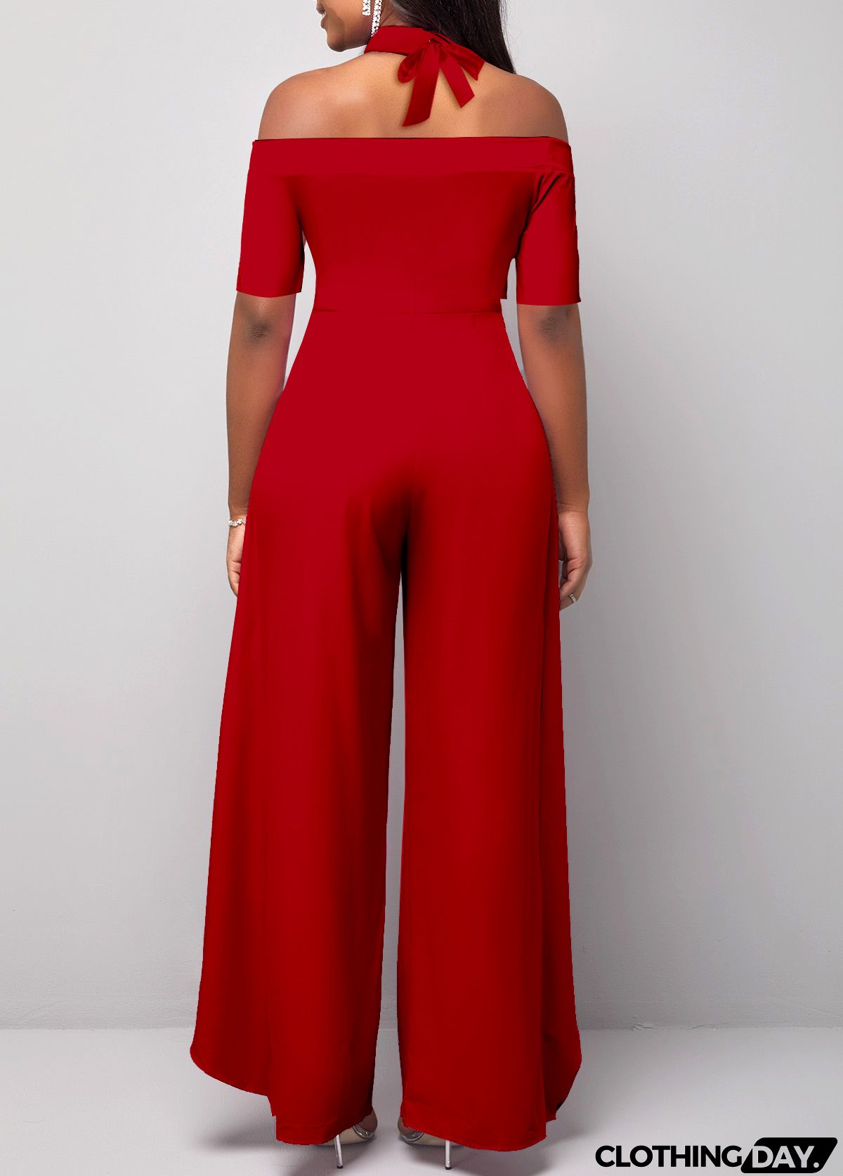 Red Plus Size Short Sleeve Halter Cold Shoulder Jumpsuit