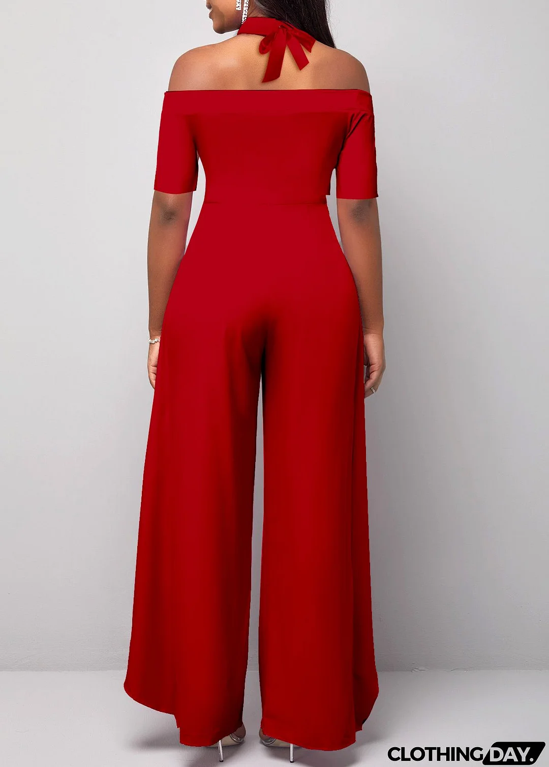 Red Plus Size Short Sleeve Halter Cold Shoulder Jumpsuit