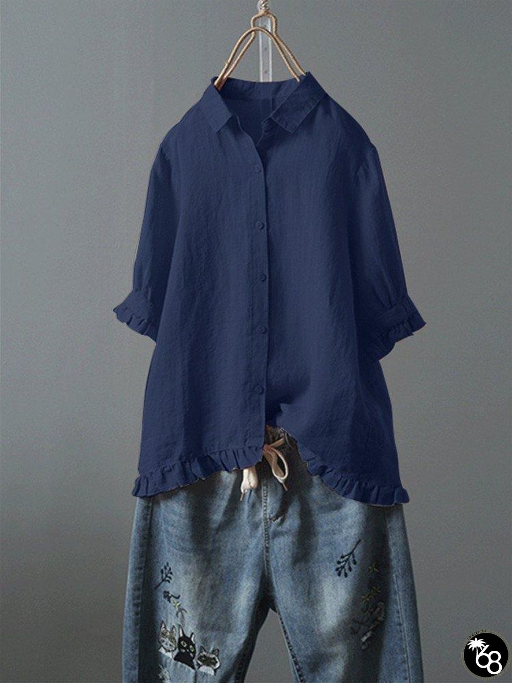 Solid Casual 3/4 Sleeve Turn-down Collar Tops | 168DEAL