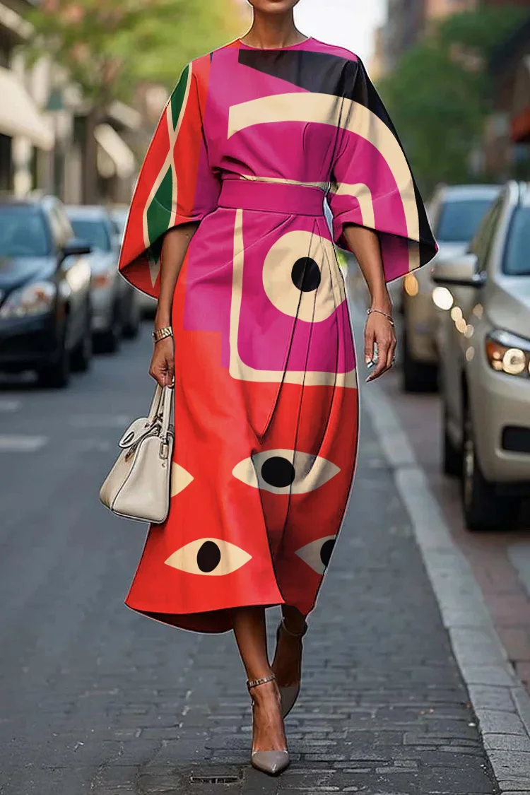 Women's Elegant Abstract Art Print Midi Dress