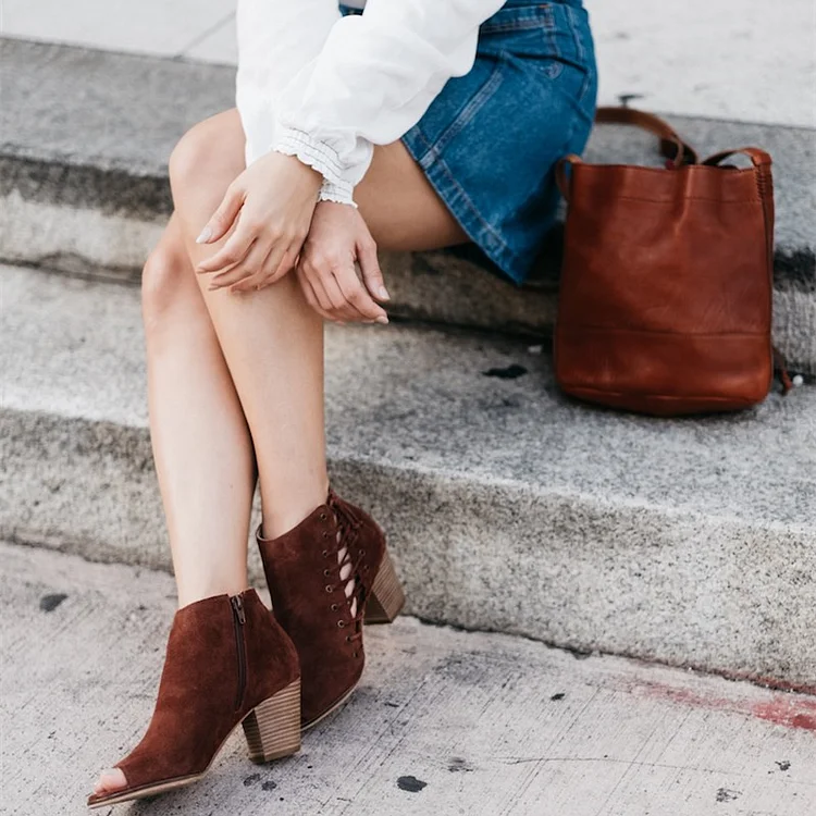 Brown Vegan Suede Boots Peep Toe Side Lace Up Block Heel Ankle Boots |FSJ Shoes