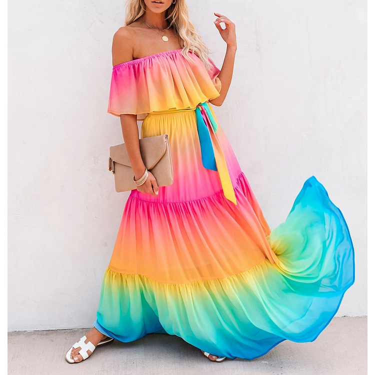 Off Shoulder Colorful Maxi Dress