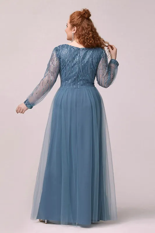 Bellasprom Dusty Blue Sequins Plus Size Prom Dresses Long Sleeves