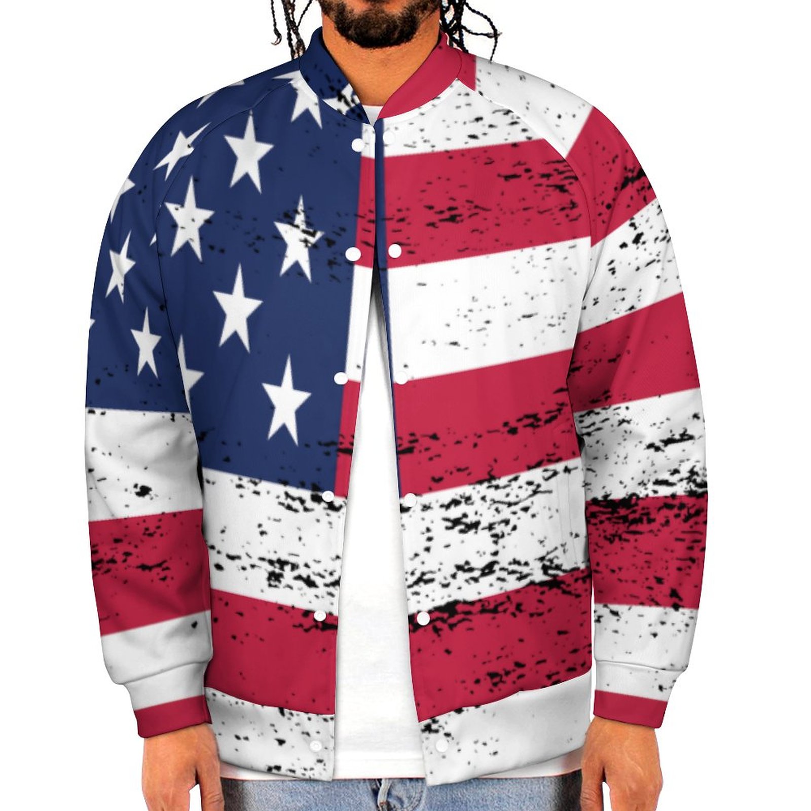 United States Flag Distressed Style Stars Stripes Sweatshirt Jacket Mens Casual Lightweight Button Up Bomber Jacket Outwear
