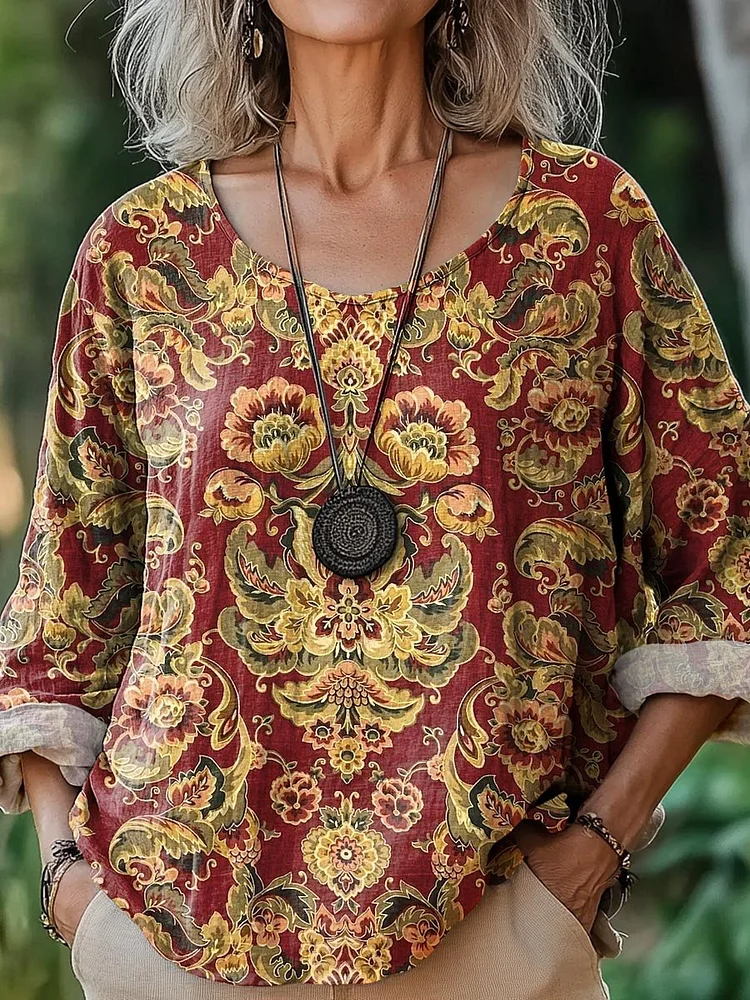 Women's Vintage Lovely Floral Art Print Casual Cotton And Linen Shirt
