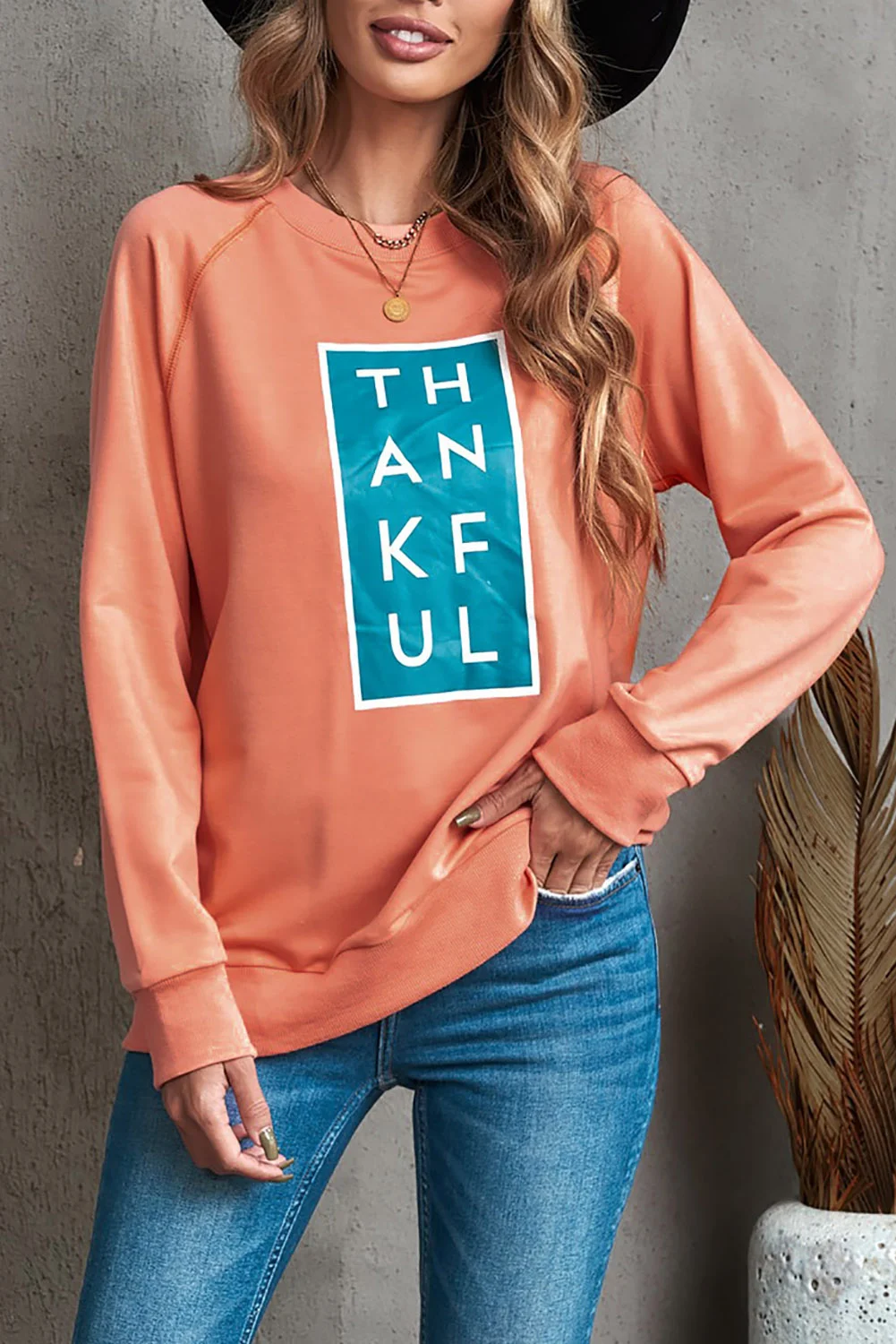 Orange Halloween Raglan THANKFUL Graphic Sweatshirt | IFYHOME