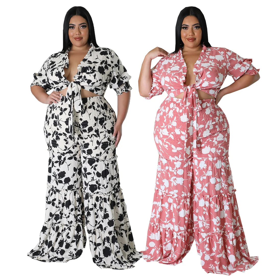Summer Plus-size Strappy Printed Wide-leg Two-piece Suit | IFYHOME