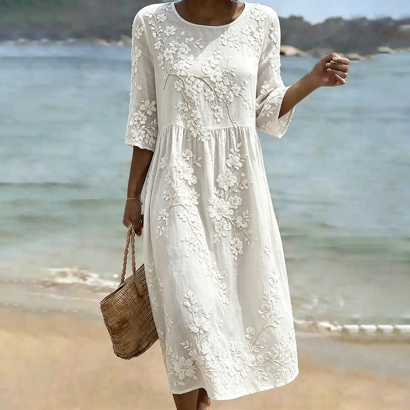 Comstylish Women's Japanese Sakura Print Crew Neck Midi Dress