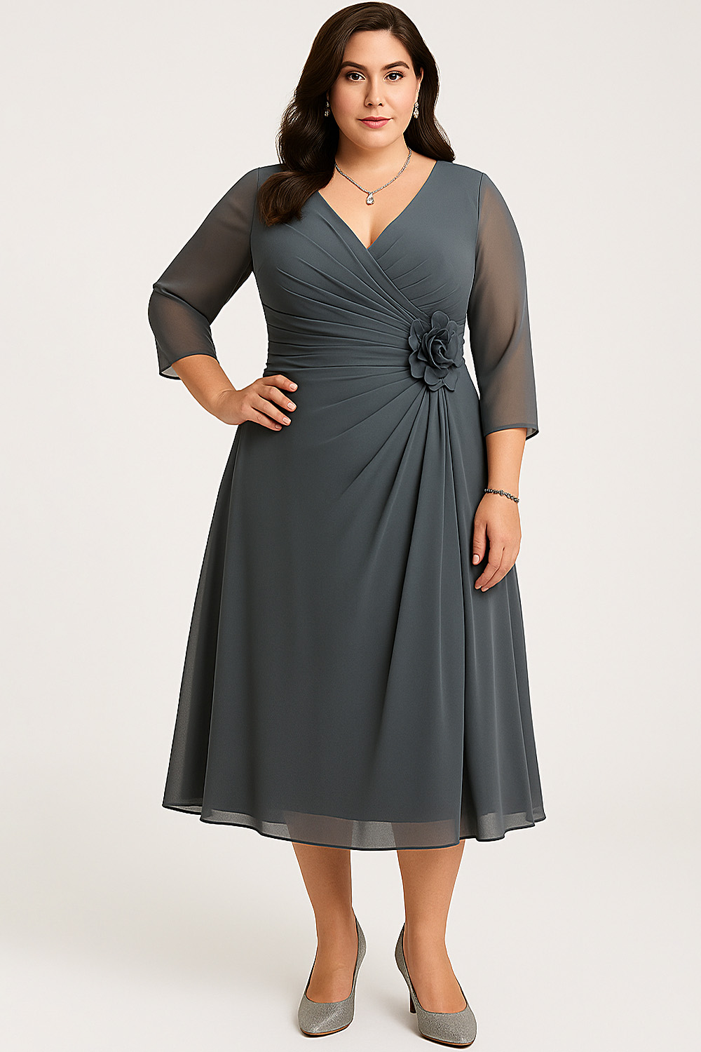 Flycurvy Plus Size Mother Of The Bride Dark Gray Chiffon Wrap Ruched Waist With Flower 3/4 Sleeve Midi Dress 2024 - Flycurvy 