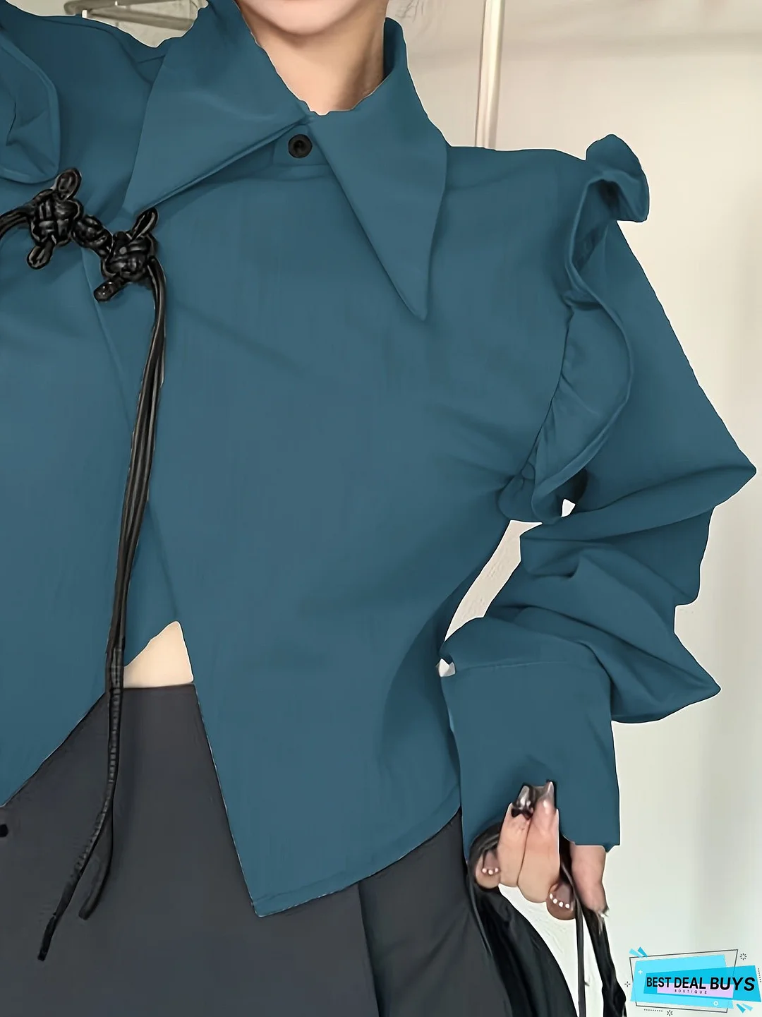 Solid Chinese Frog Button Ruffle Trim Blouse, Long Sleeve Lapel Collar Casual Blouse, Women's Clothing