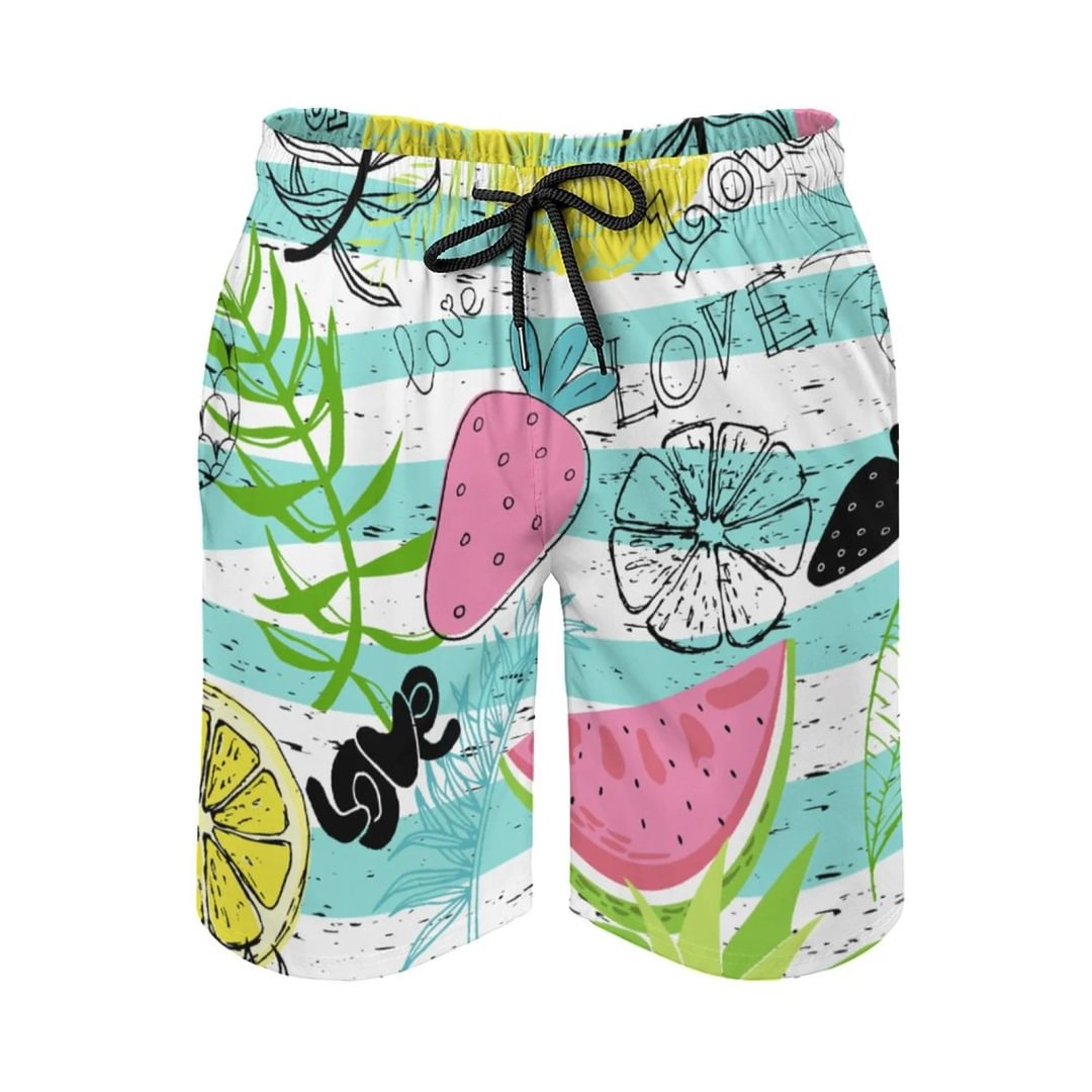 Tropics Funny Leaves Pineapples Men's Beach Shorts Beachwear Summer Holiday Mesh Lining Swim Trunks Quick Dry