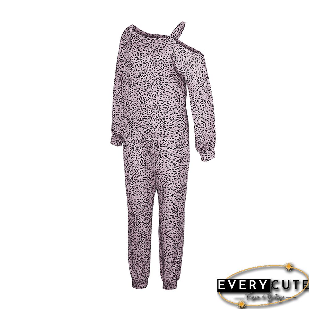 Pink Leopard Print Cold Shoulder Loungewear Pant Set