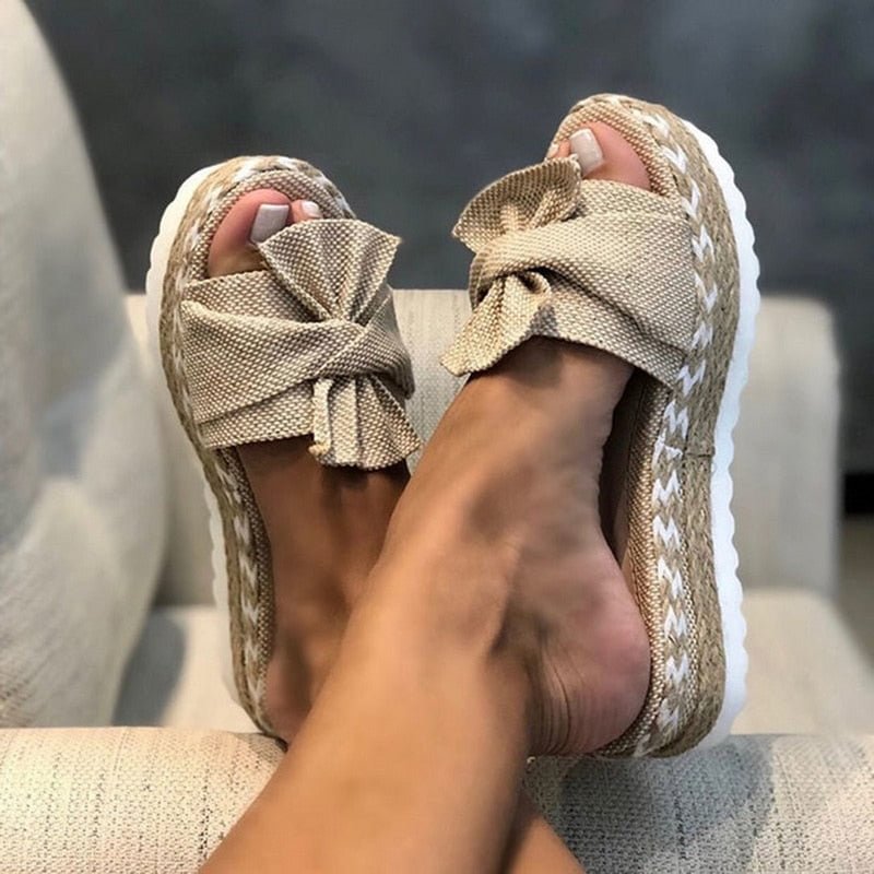 Women Bowknot Slippers 2021 Summer Casual Beach Muffin Slip On Platform Ladies Sandals Dress Party Peep Toe Female Sandals