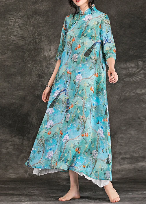 Modern blue print linen dresses Vintage Neckline stand collar Half sleeve Maxi Summer Dress