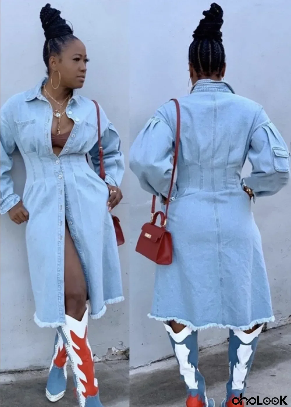 Casual Light Blue Long Denim Jacket with Full Sleeves