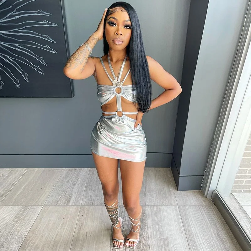 Hugcitar Solid Sleeveless Bodycon Halter Hollow Out Sexy Mini Dress 2021 Summer Women Fashion Streetwear Outfits Y2K