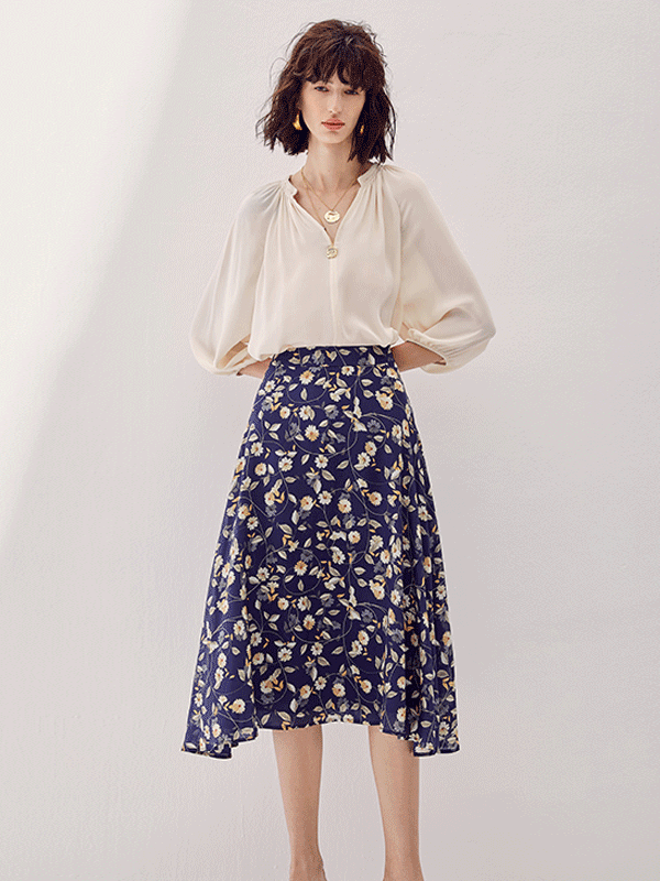 Cheerful Daisy Print Silk Skirt