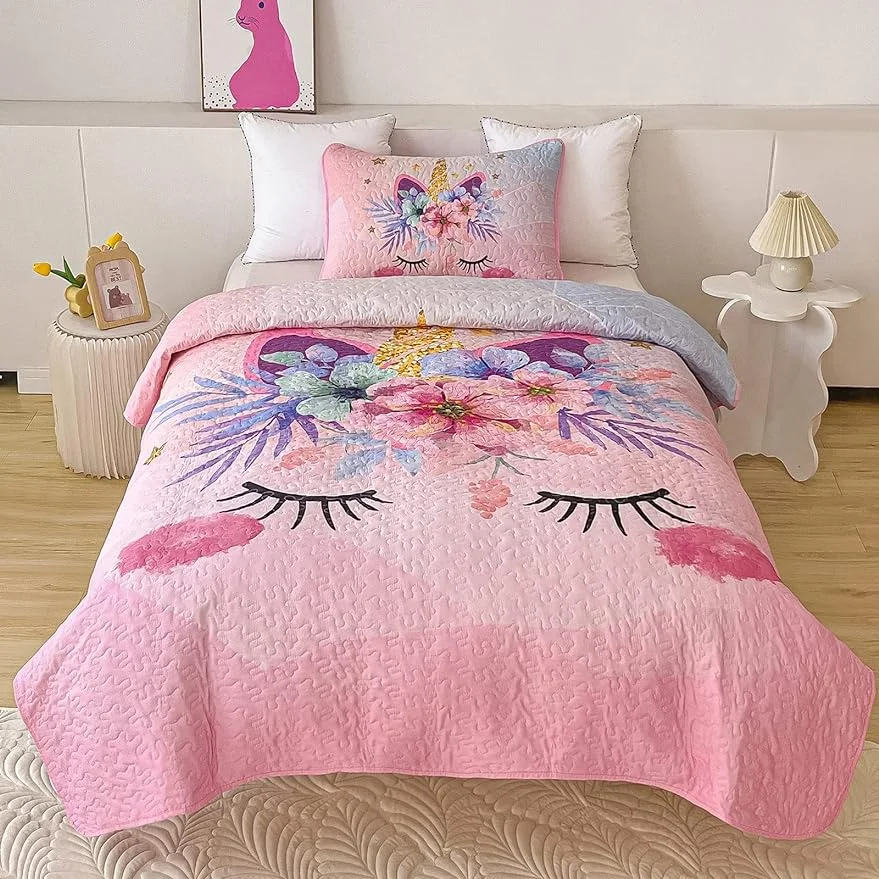 2 Piece Pink Unicorn Kids Quilt Set Twin Size Bedding Set for Girls Children Comforter Set Floral Reversible Lightweight Quilted Bedspread Coverlet Set Bed Blanket and Pillowcase Set