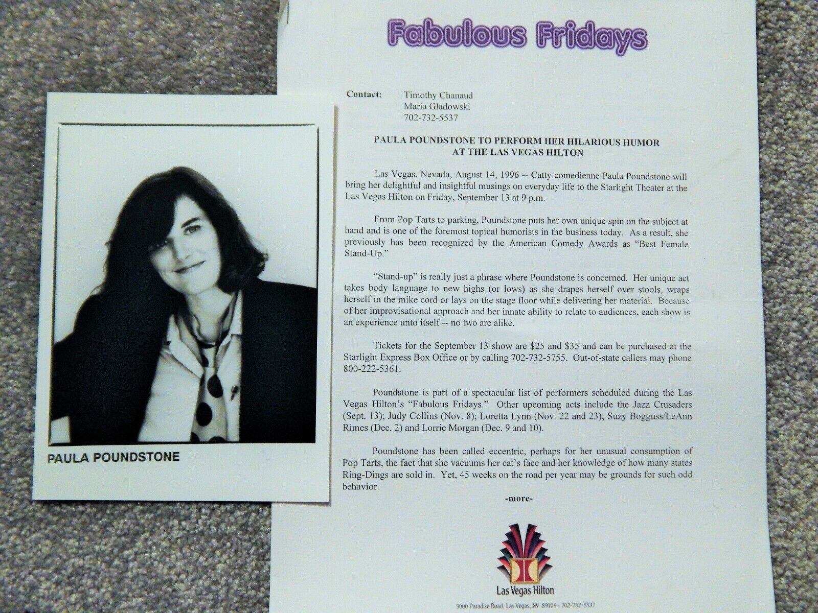 PAULA POUNDSTONE 1996 PRESS RELEASE & 7 X 5 Photo Poster painting LAS VEGAS HILTON