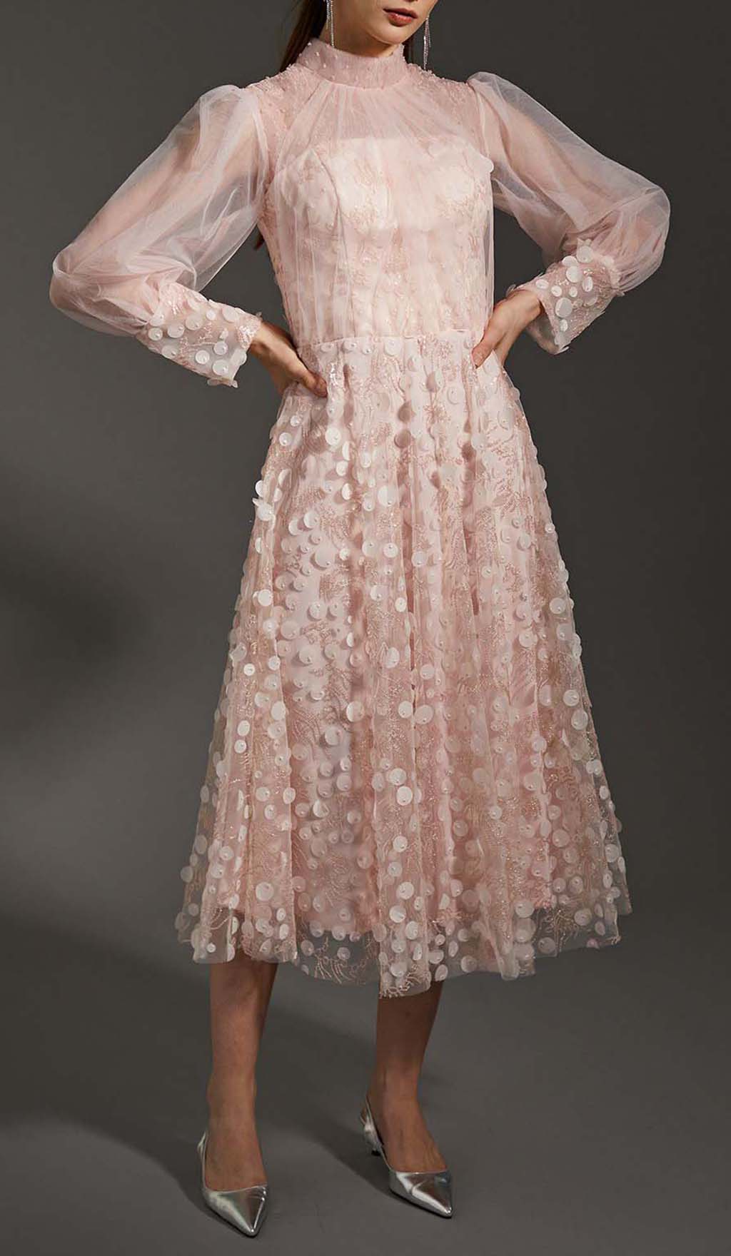 Sequin Mesh Tulle Midi Dress In Pink Flowering Girl