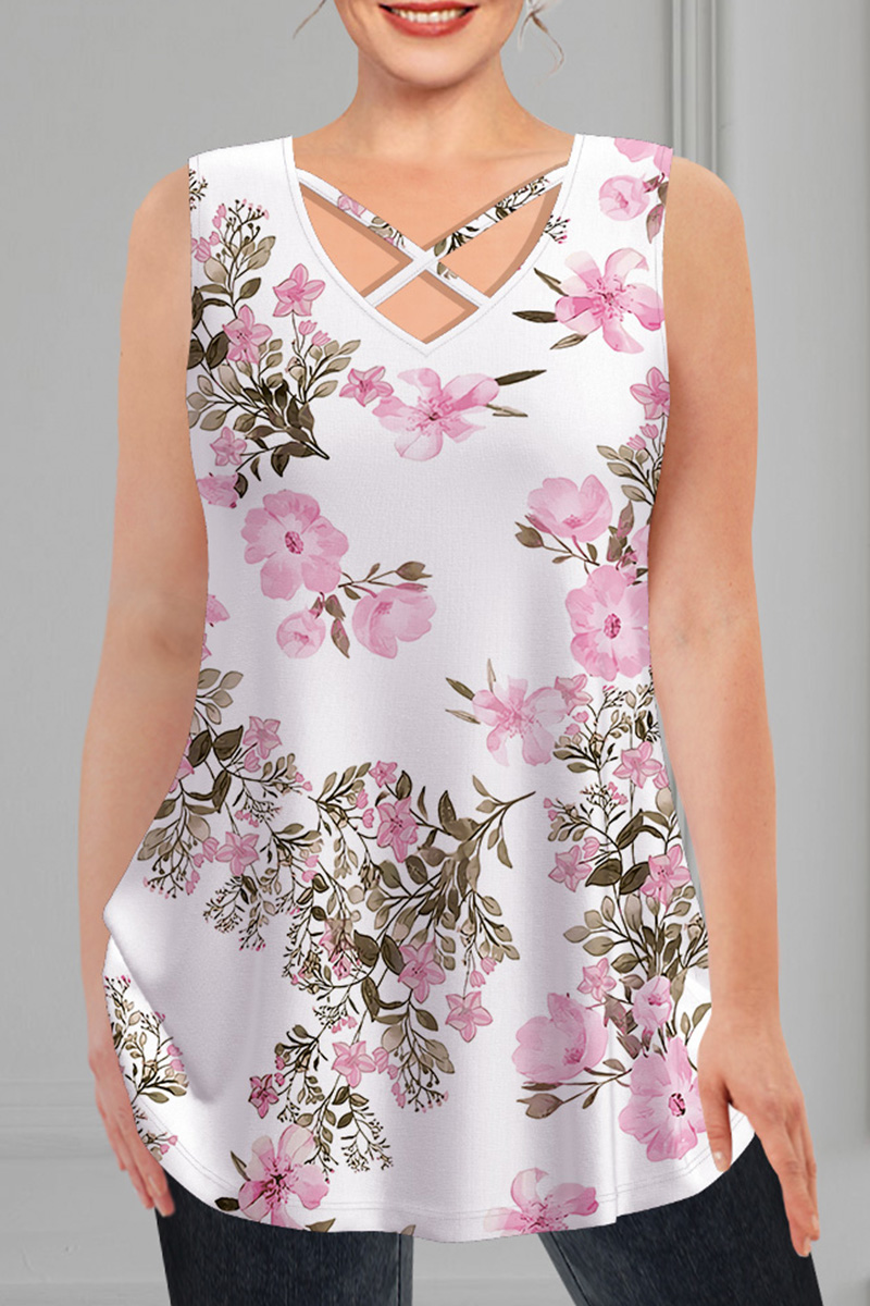 Flycurvy Plus Size Casual Pink Floral Print Cross Belt V Neck A-Line Tank Top 2024 - Flycurvy 