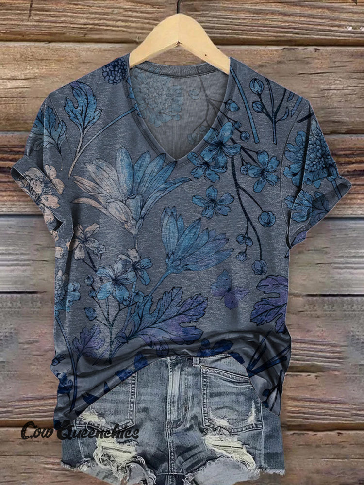 Women’s Retro Floral Print Casual V-Neck T-Shirt Blue / S