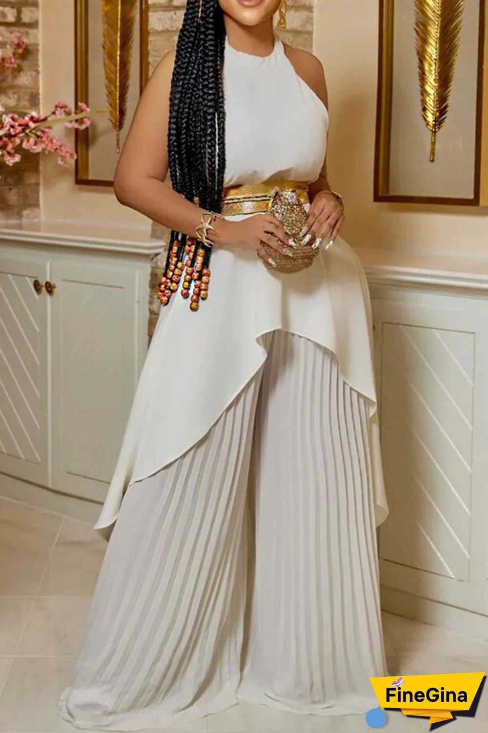 White Casual Solid Patchwork Fold With Belt Asymmetrical O Neck Sleeveless Two Pieces(With A Belt)
