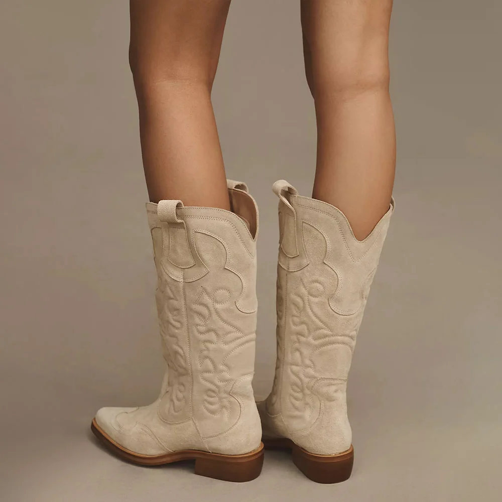 Beige Embroidered Snip Toe Low Heel Mid-Calf Pull-On Cowgirl Boots