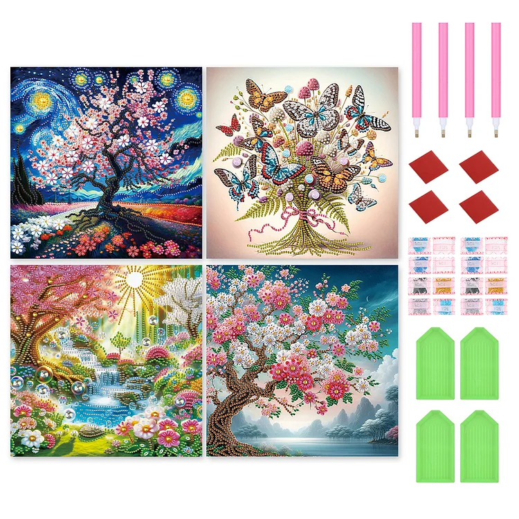 4Pcs Lift Tree - Special Shaped Drill Diamond Painting - 30*30CM(Canvas)