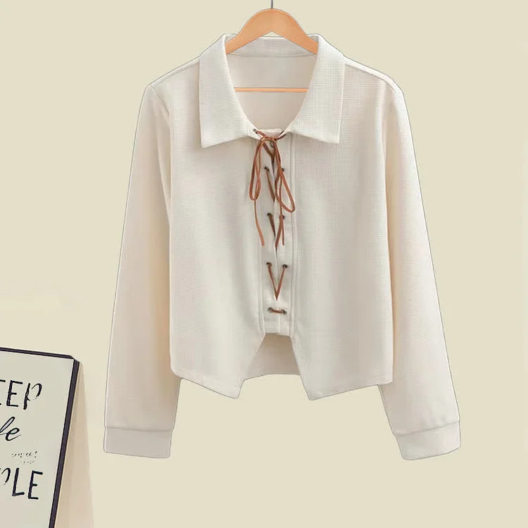 Chic Lace Up Lapel Shirt A-line Skirt Two Pieces Set - Modakawa modakawa