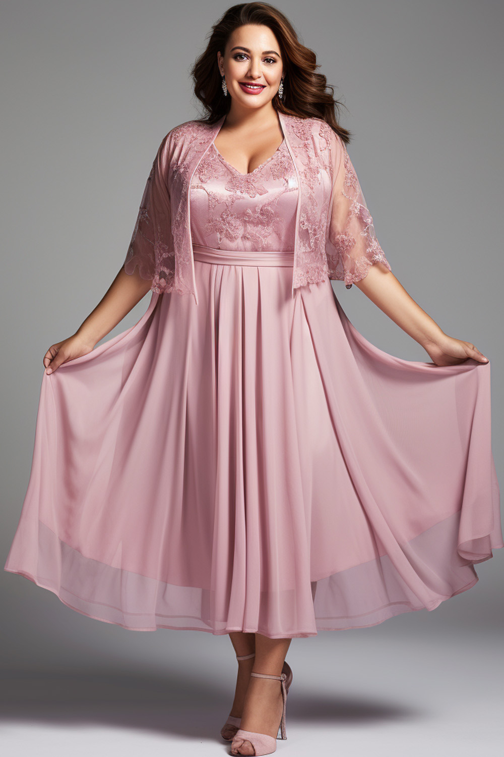 Flycurvy Plus Size Mother Of The Bride Pink Chiffon Lace Two Pieces Tea-Length Dress With Jacket