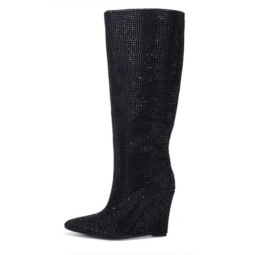 Women's Black Pointed Toe Knee-High Rhinestone Boots with Wedges