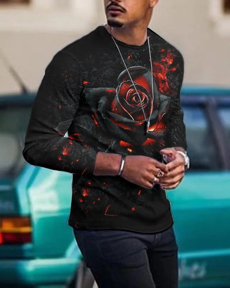 Men's Casual Long Sleeved Creative  Abstract Rose Pattern T-shirt