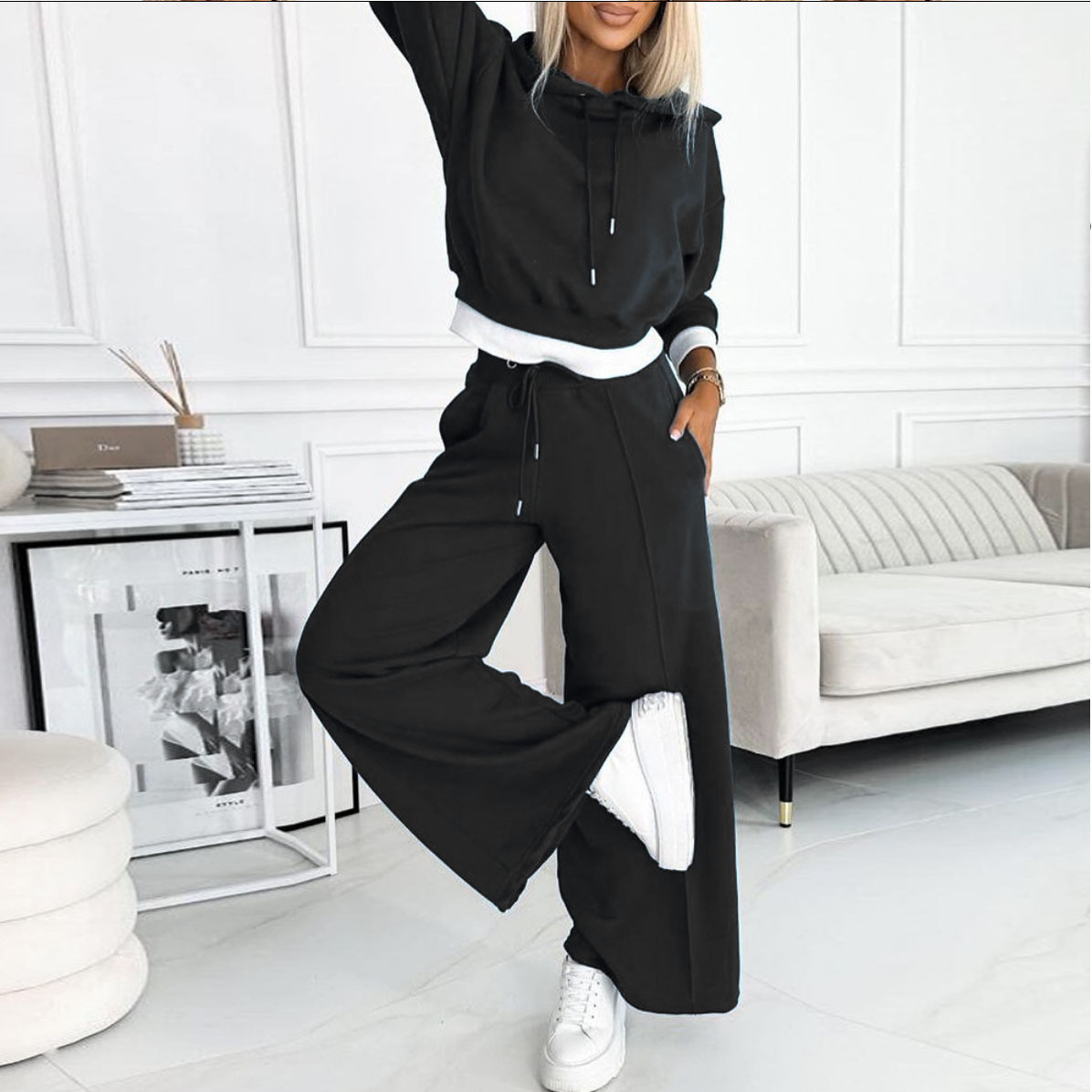 Megamillionnew Two Piece Set Women Outfit 2025 Autumn Fashion Fake Two Piece Long Sleeve Hoodie & Casual Drawstring Pocket Wide Leg Pant Set