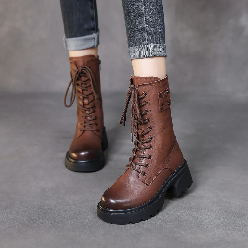 Yyvonne Boots Thick Background Retro Martin Boots Women Leather Autumn And Winter New Velvet And Coarse And Locomotive Boots