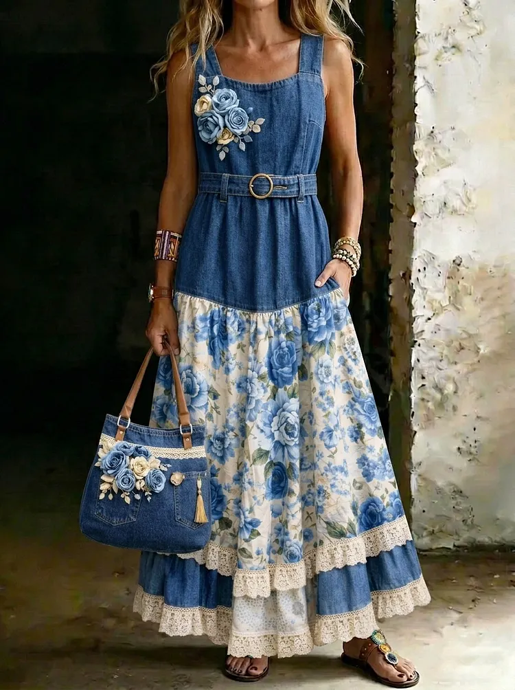 Women&rsquo;s Denim Patchwork Printed Lace Cotton Vest Dress