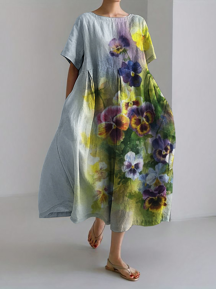 Comstylish Pansy Floral Watercolor Linen Blend Maxi Dress
